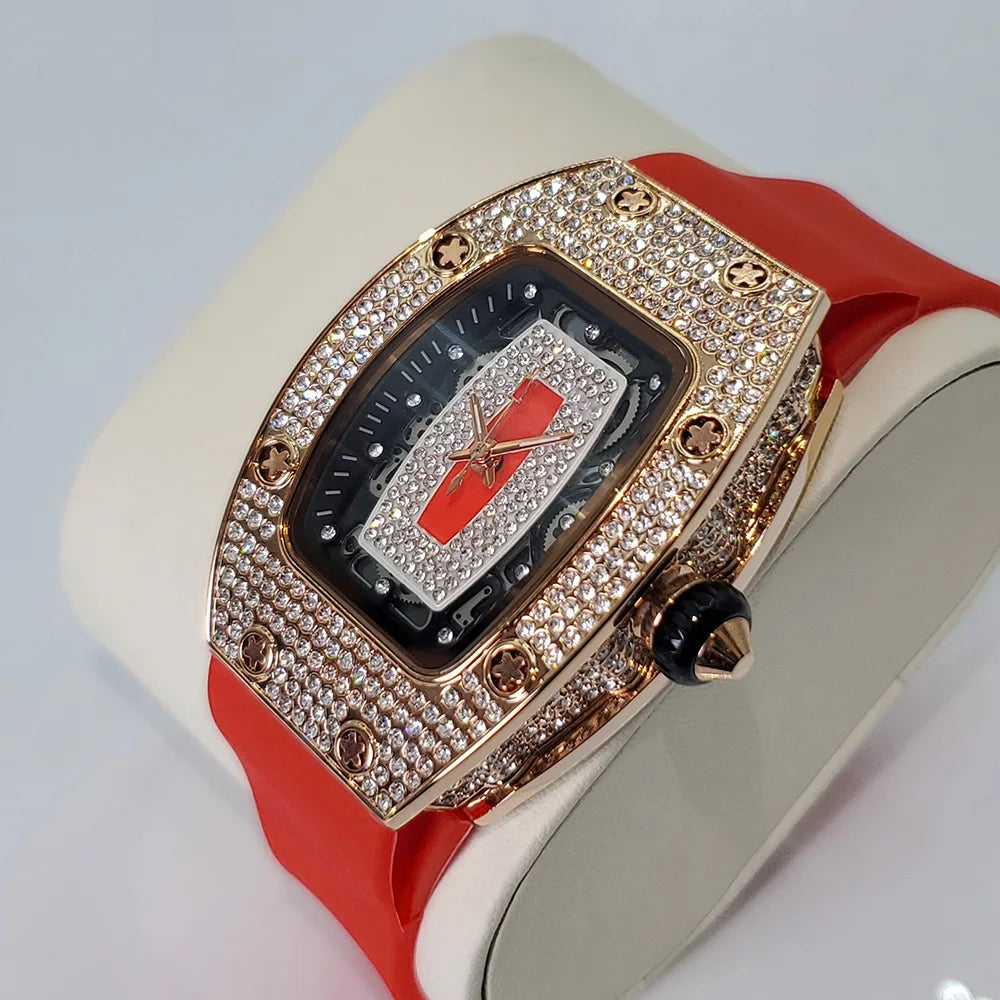 Luxury Diamond Watch For Women Elegant Tonneau Original Design Watches Fashion Ice Out Sport Rubber Strap Waterproof Mille Clock