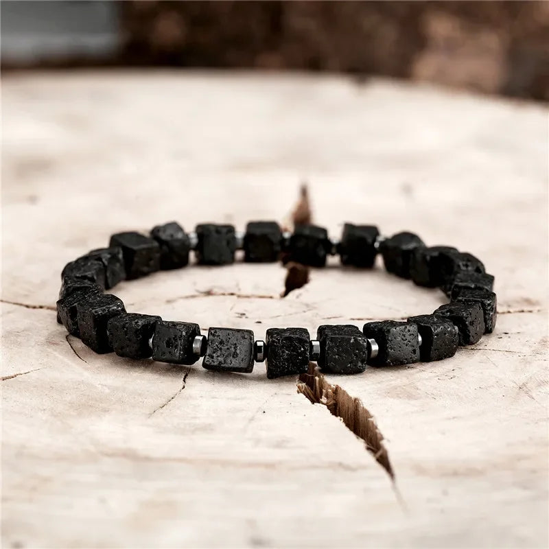 YIZIZAI Black Matte Onyx with Cube Lava Bracelet Yoga Balance Energy Stretch Bracelet Men Women Natural Gemstone Healing Jewelry