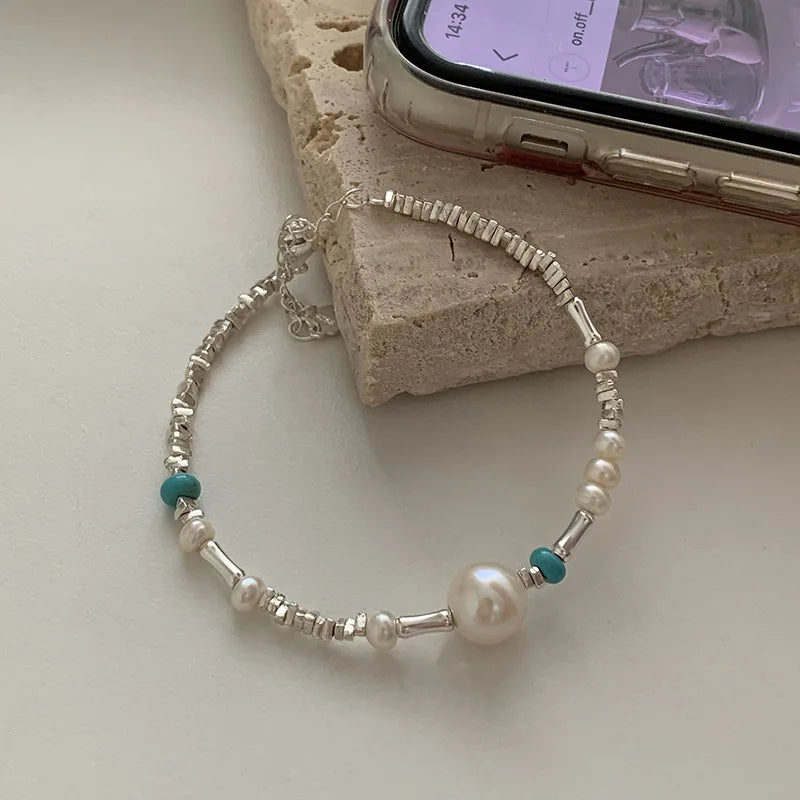 New 925 Silver Geometric Bead Pearl Punk Irregular Asymmetric Adjustable Bracelet For Woman Girl Fashion Jewelry Gift Dropship