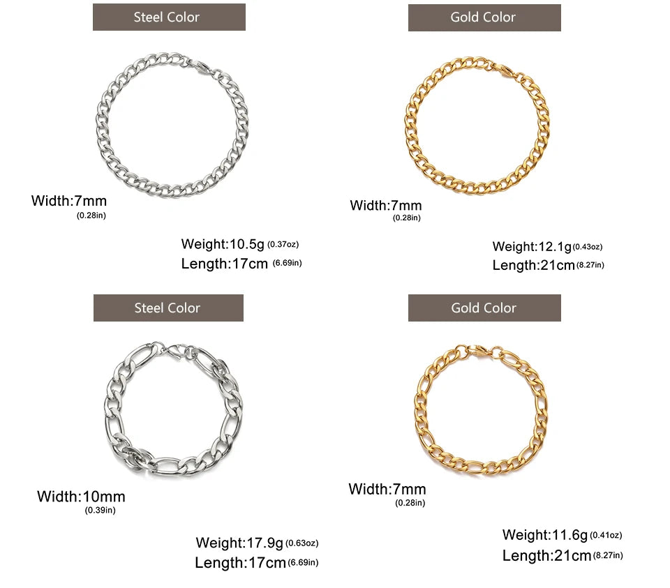 My Shape Fashion Cuban Chain Men Bracelet Stainless Steel 3/5/7/9mm Width Chain Bracelets Figaro Chain Boy Wrist Jewelry Couple