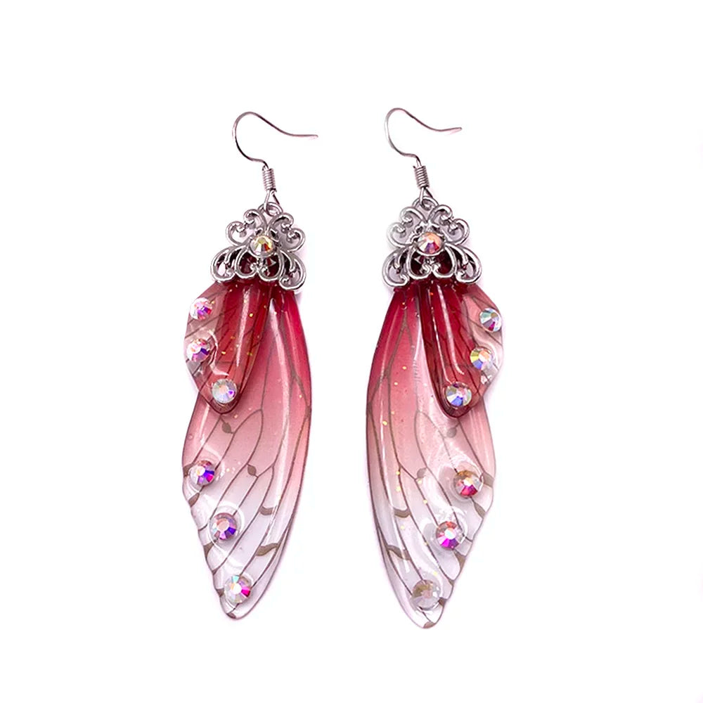 Handmade Fairy Simulation Wing Earrings Insect Butterfly Wing Drop Earrings Foil Rhinestone Earrings Romantic Bridal Jewelry