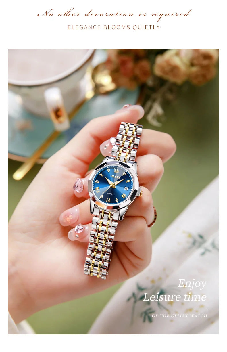 OLEVS Fashion Golden Watch for Women Stainless Steel Waterproof Women's Watches Elegant Original Luxury Ladies Quartz Wristwatch