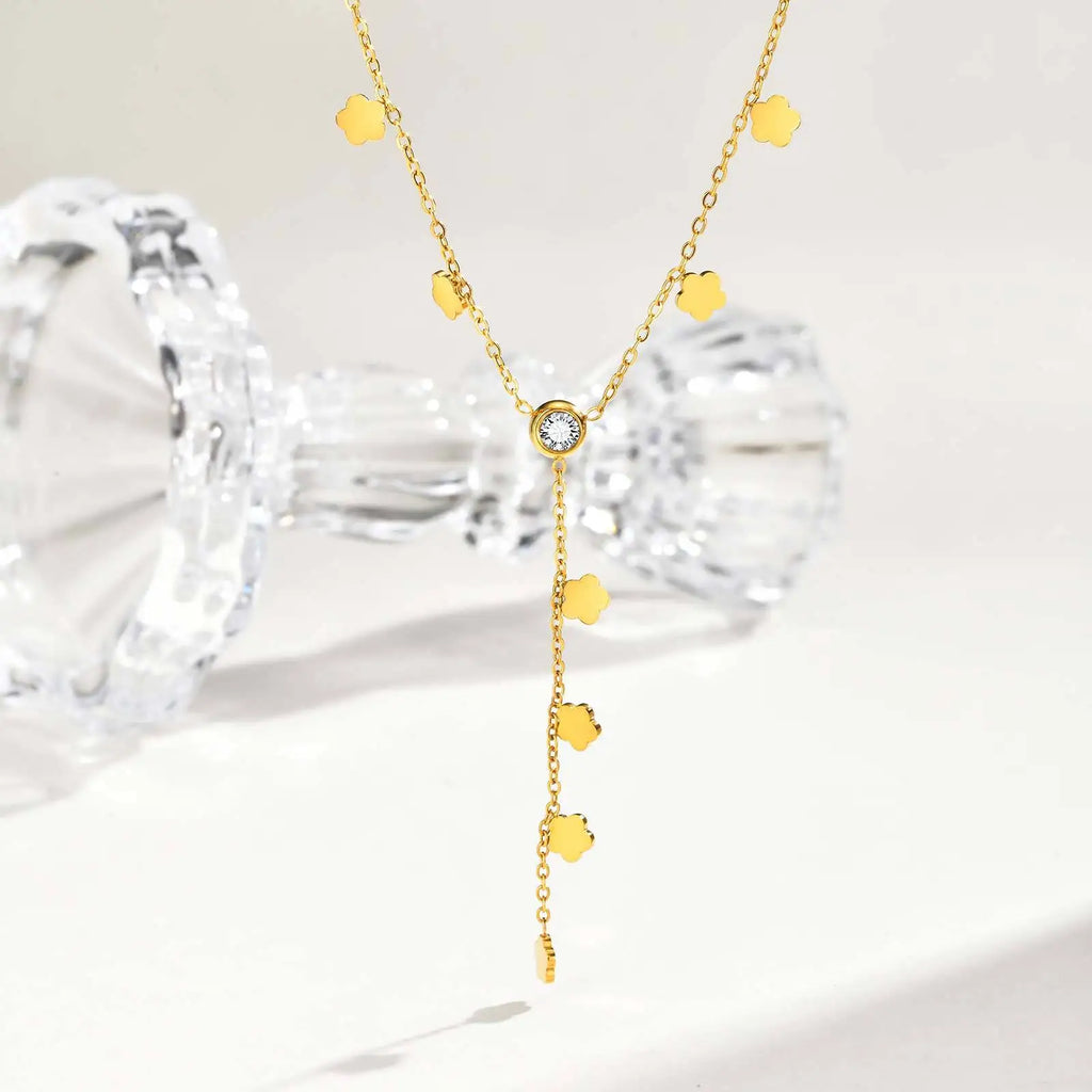 Flower Drop Necklace - Stainless Steel Y Shape Layered Floral Jewelry