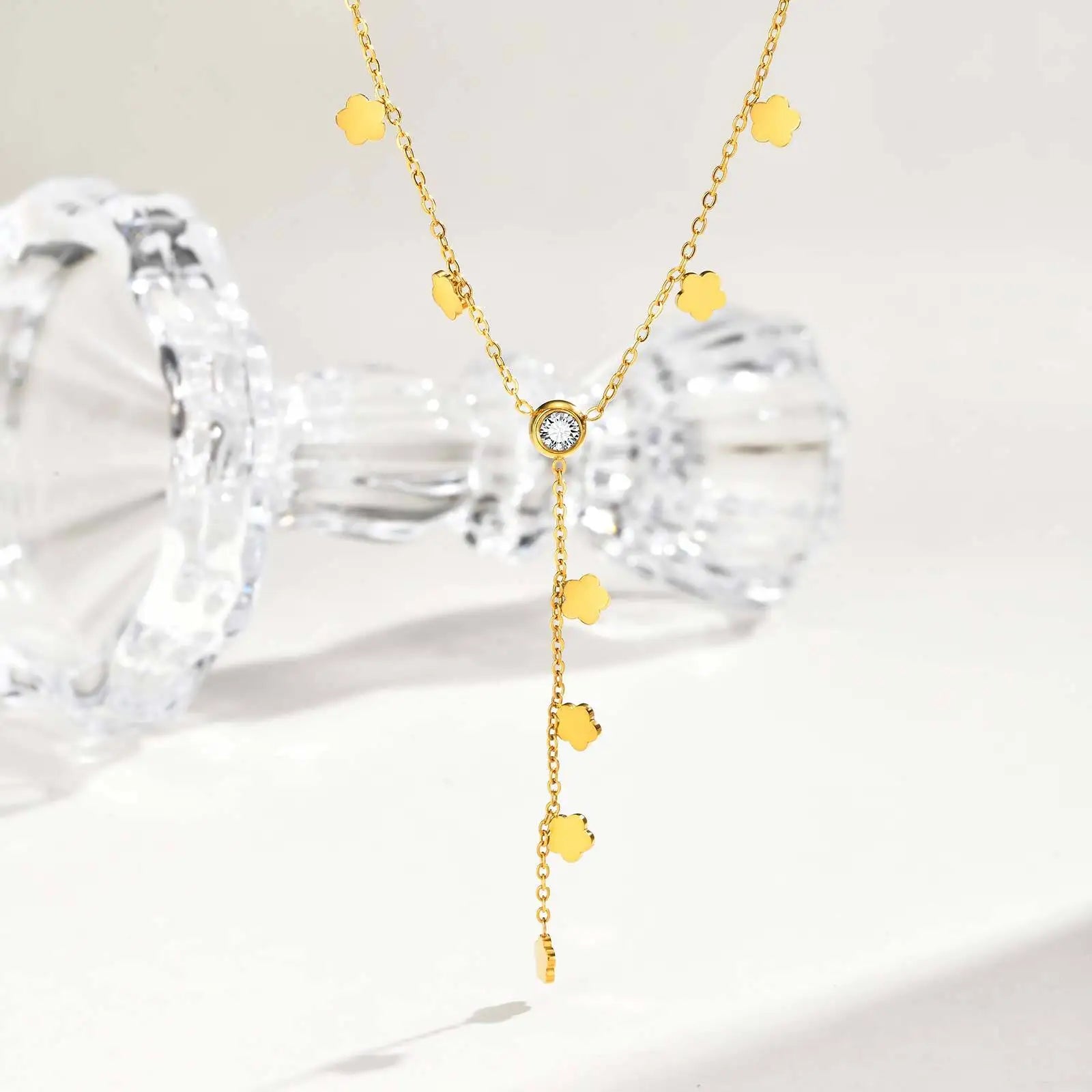 Flower Drop Necklace - Stainless Steel Y Shape Layered Floral Jewelry