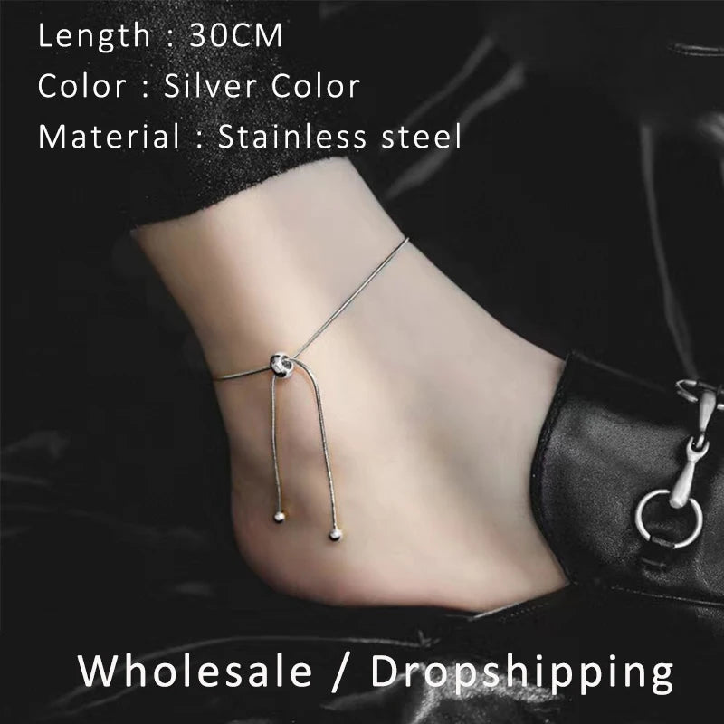 Stainless Steel Adjustable Anklet for Woman Round Snake Chain Pull-Out Anklet Button Birthday Gift Jewelry on Foot Wholesale