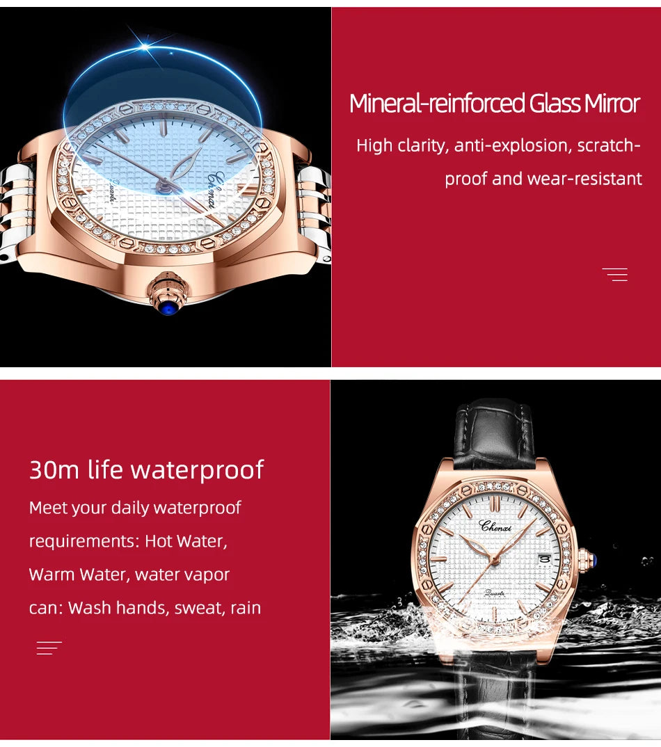 CHENXI Quartz Movement Woman Watch Simple Elegant Luxury Rose Gold Steel and Leather Strap Waterproof Ladies Dress Wristwatch