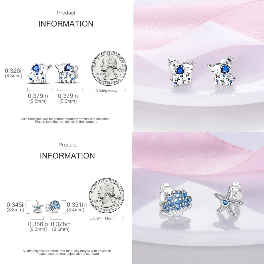 Unicorn Earrings 925 Sterling Silver Original Zircon Elephant Feather Dog Cat Blue Star Small Earrings For Women Jewelry Gift
