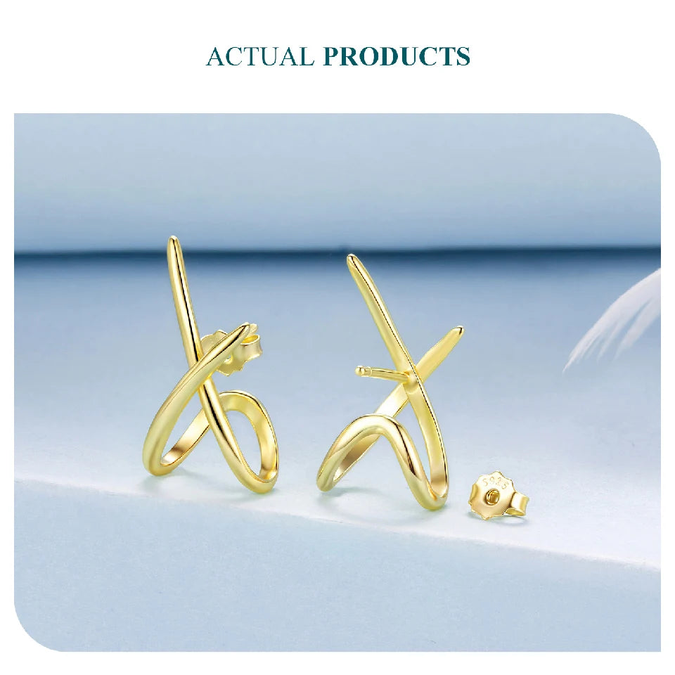BAMOER 925 Sterling Silver X Earring Studs for Women, Gold Plated Hypoallergenic Earrings Chic Jewelry Gift for Daily Wear