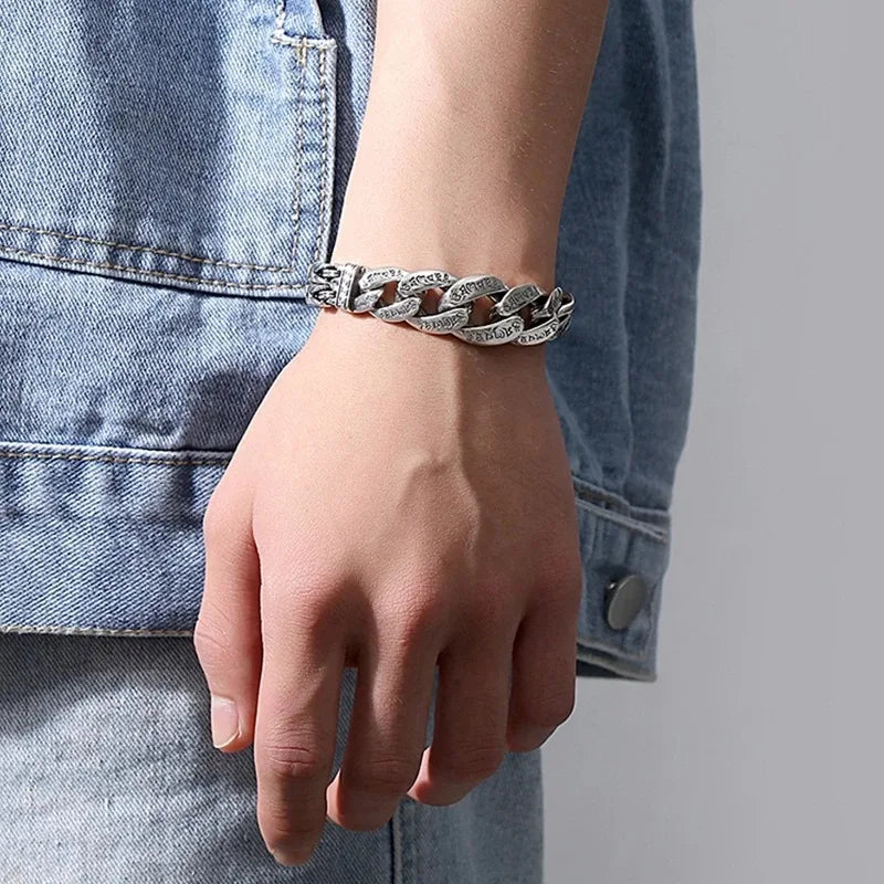 S925 Sterling Silver Personalized Men and Women Bracelets Six-Character Peace Pattern Cuban Chain Jewelry Exquisite Gift