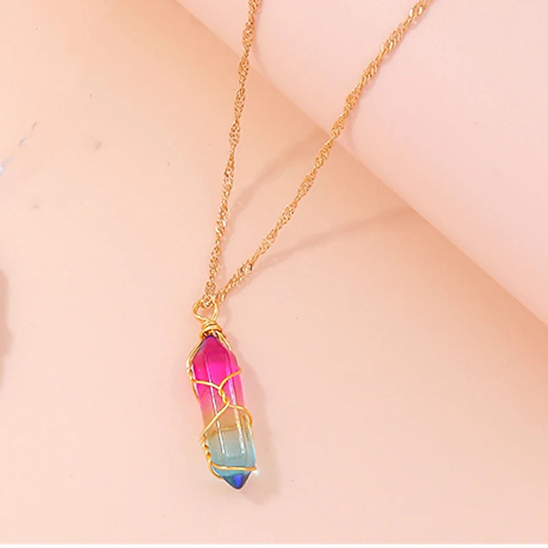 Natural Stone Quartz Lapis Opal Amethyst Pink Crystal Stone Hexagonal Column Pendant Necklaces Leather Chain Bullet Necklace