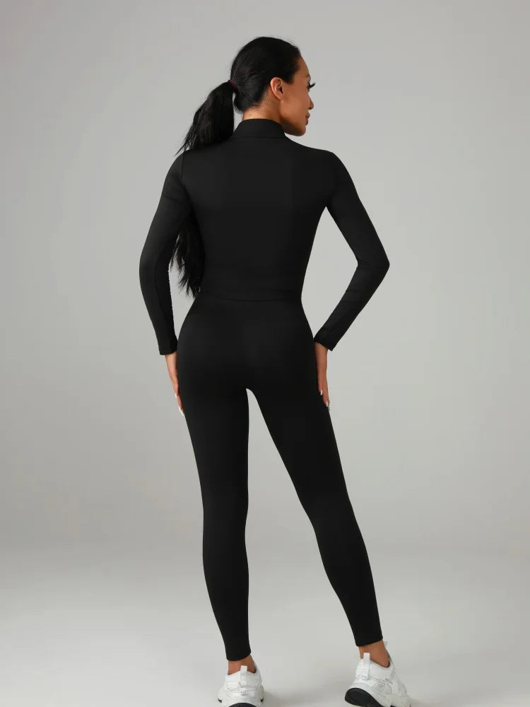 Women's Solid Color Sports Set Long - Sleeve Top + Pants Yoga Fitness Outfit Breathable Quick - Dry Tracksuit