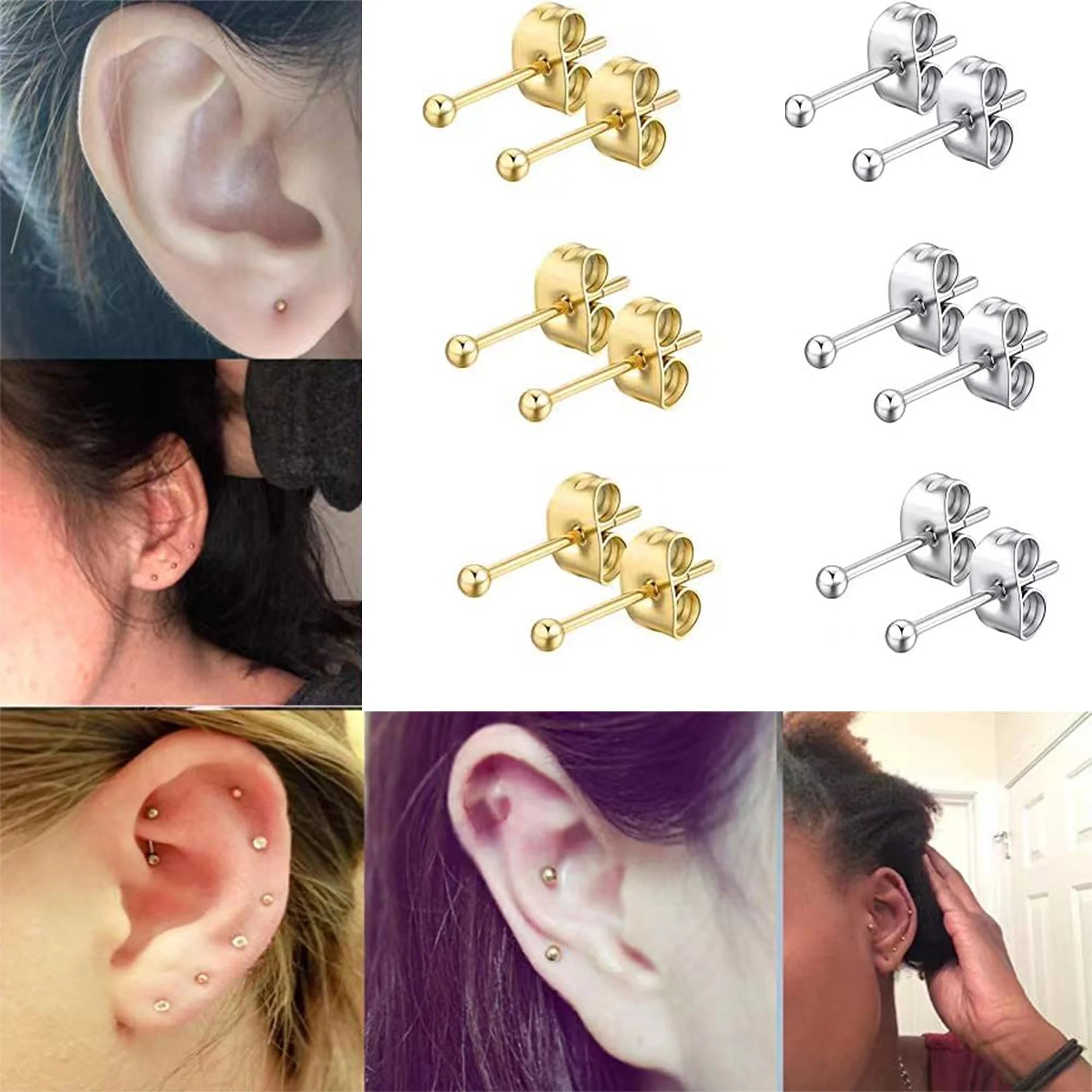 12pcs 2mm-3mm Tiny Butterfly Buckle Stud Earrings 316L Stainless Steel Hypoallergenic Universal Ear Bone Studs Piercing Jewelry