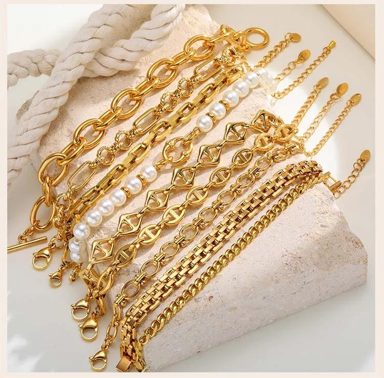 Gold Plated Chunky Chain Bracelet, Stainless Steel Minimalist Link Waterproof, Thick Brand Wristband Bangle For Women