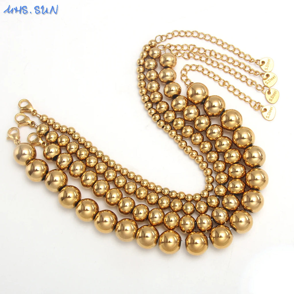 MHS.SUN Waterproof Smooth Beads Bracelet Adjustable Gold Silver Color Stainless Steel Round Balls Bracelets Unisex Party Jewelry