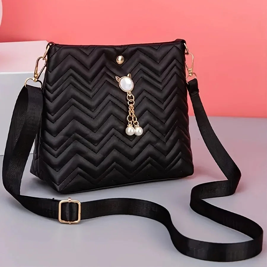 Elegant Quilted Crossbody Bag Stylish Women's Shoulder Purse Featuring Cat Pearl Pendant Ideal Valentine's Gift Novelty Purse