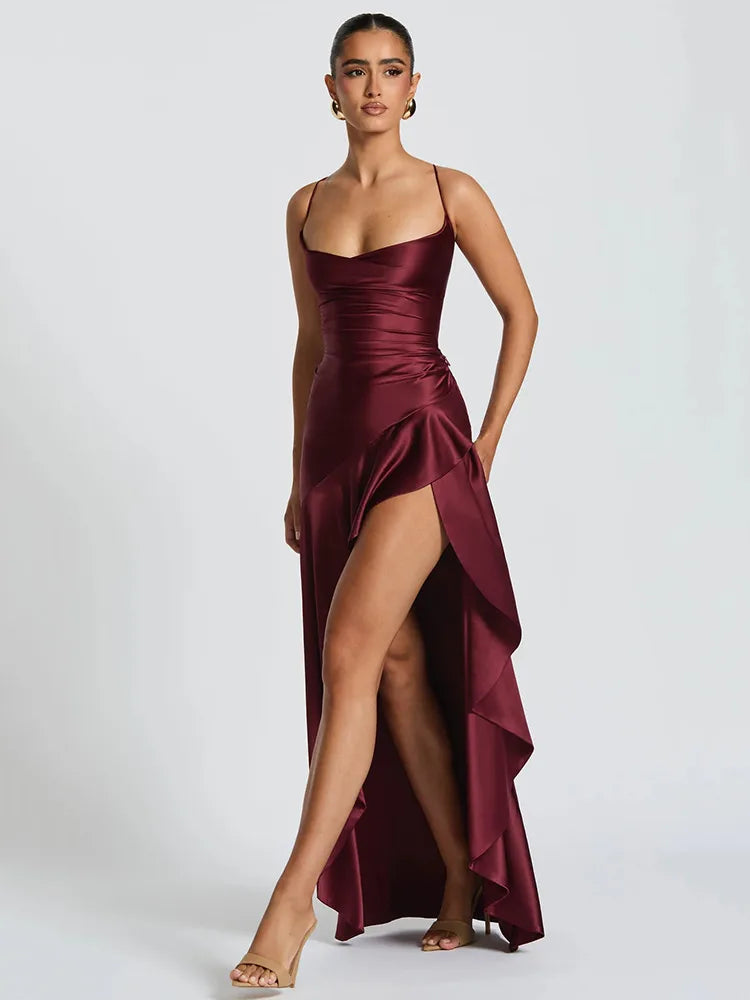 Articat Spaghetti Strap Dress - Satin Split Maxi Evening Gown