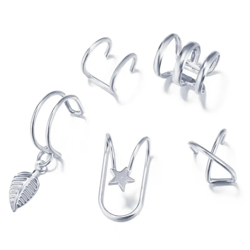 KOTiK 2024 New Gold Silver Color Leaves Clip Earrings for Women Fashion Ear Cuff Non-Piercing Earrings Set Trend Jewelry Gift