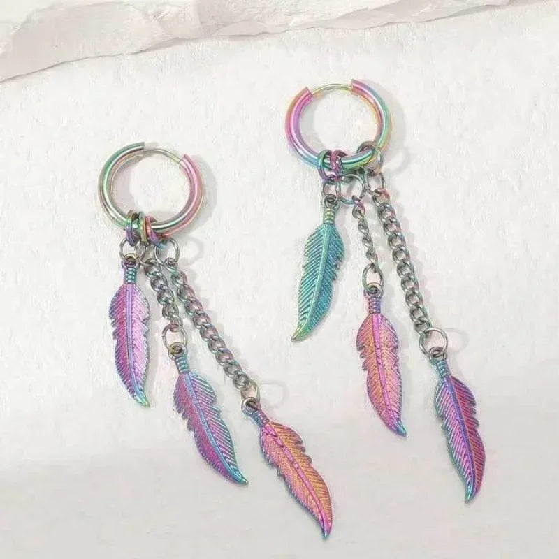 Fashionable and Creative Stainless Steel Colorful Feather Pendant Earrings Street Charm Cool Earrings for Men and Women