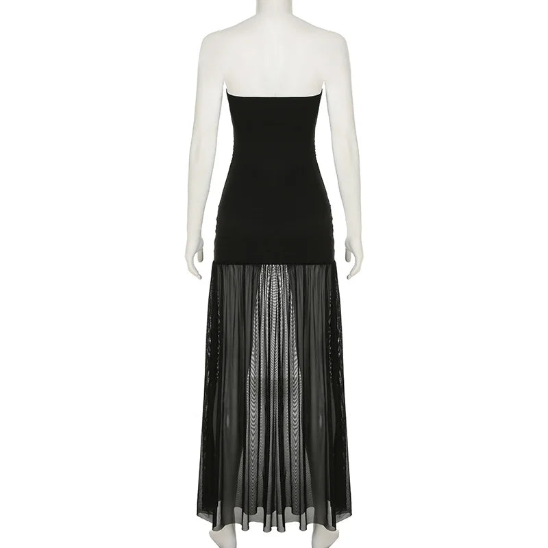 Tornova Sexy Strapless Split Long Dress For Women Mesh Splice Retro Elegant Party Dress Sleeveless Summer Vacation Dress Female