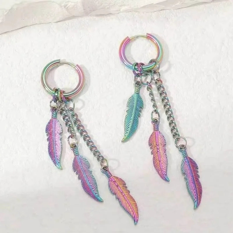 Fashionable and Creative Stainless Steel Colorful Feather Pendant Earrings Street Charm Cool Earrings for Men and Women