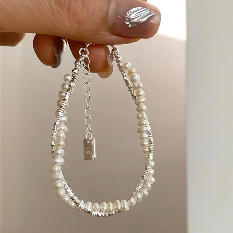 New 925 Silver Geometric Bead Pearl Punk Irregular Asymmetric Adjustable Bracelet For Woman Girl Fashion Jewelry Gift Dropship