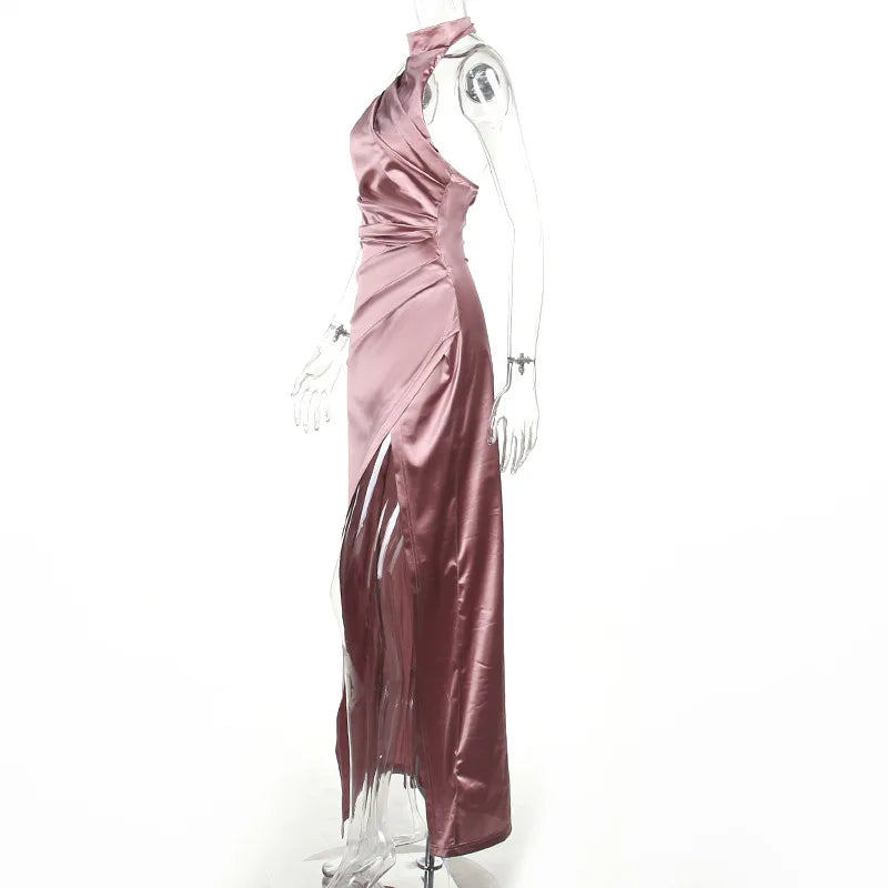 Sexy Satin Halter Dress - Ruched Slit Long Evening Gown