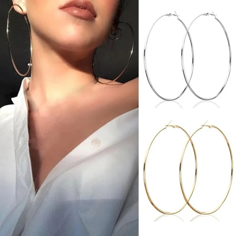2pcs 30-100mm Small Big Circle Hoop Earrings for Women Men, Stainless Steel Ear Ring Fashion Jewelry Gift Nightclub DJ