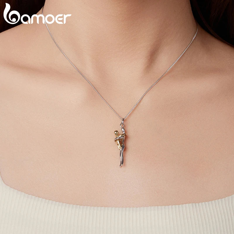 BAMOER 925 Sterling Silver Two-tones Hug Necklace, Detachable Mother and Child Pendant for Family Special DIY Love Jewelry