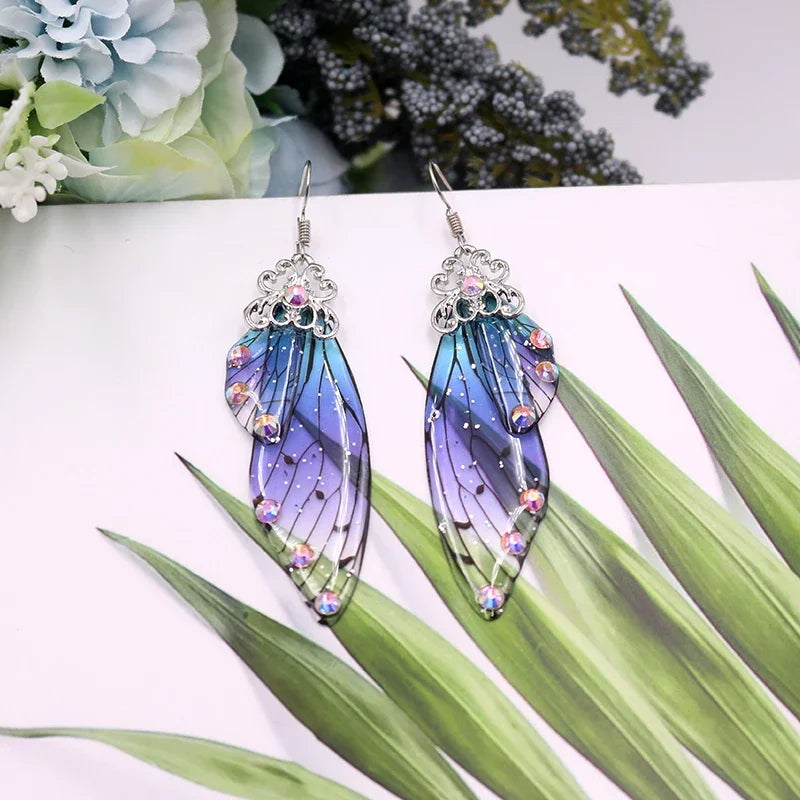 Handmade Fairy Simulation Wing Earrings Insect Butterfly Wing Drop Earrings Foil Rhinestone Earrings Romantic Bridal Jewelry