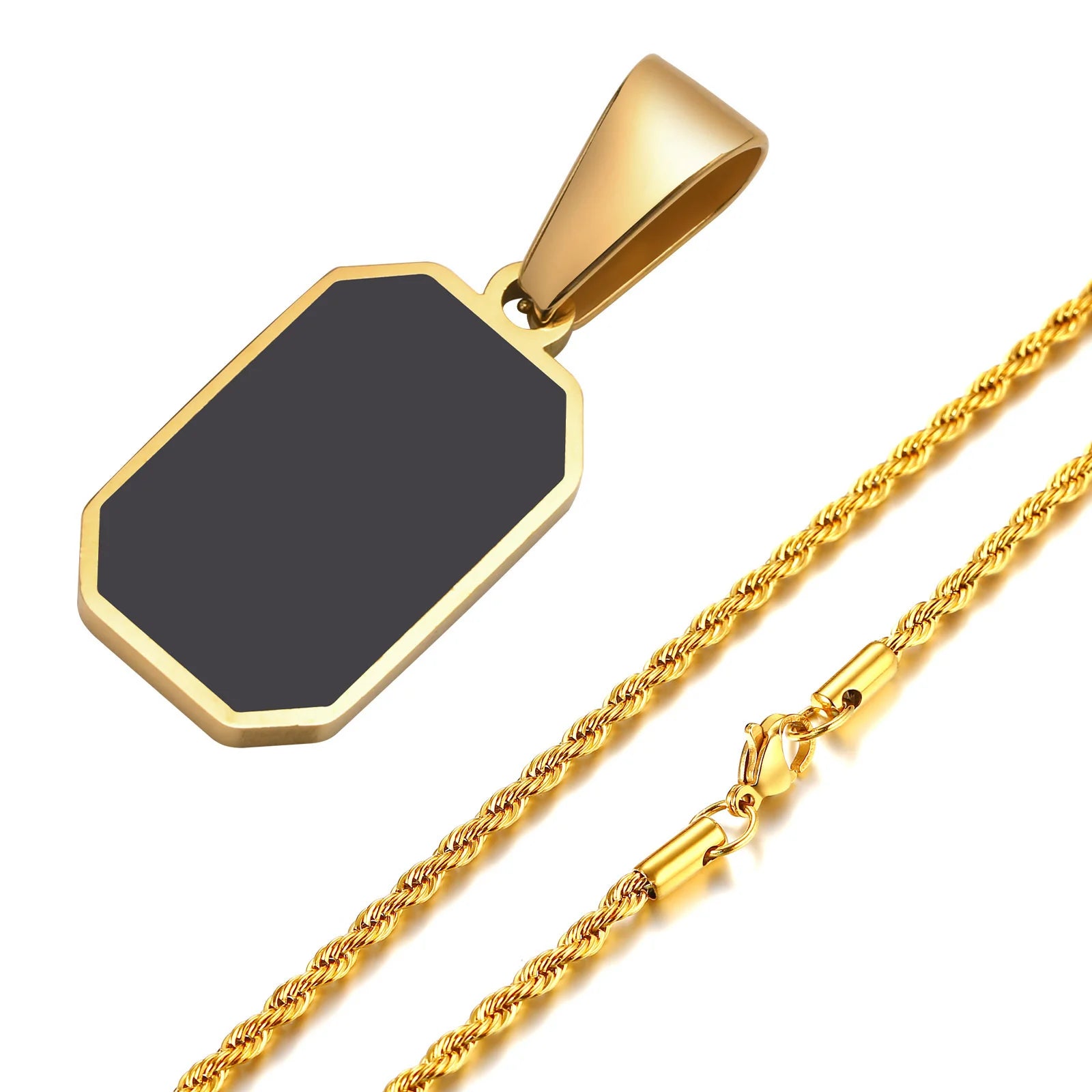 Casual Mens Geometric Square Necklaces,Black Enamel Rectangle Pendant with Rope Box Long Chain Collar,Stylish Jewelry Gifts