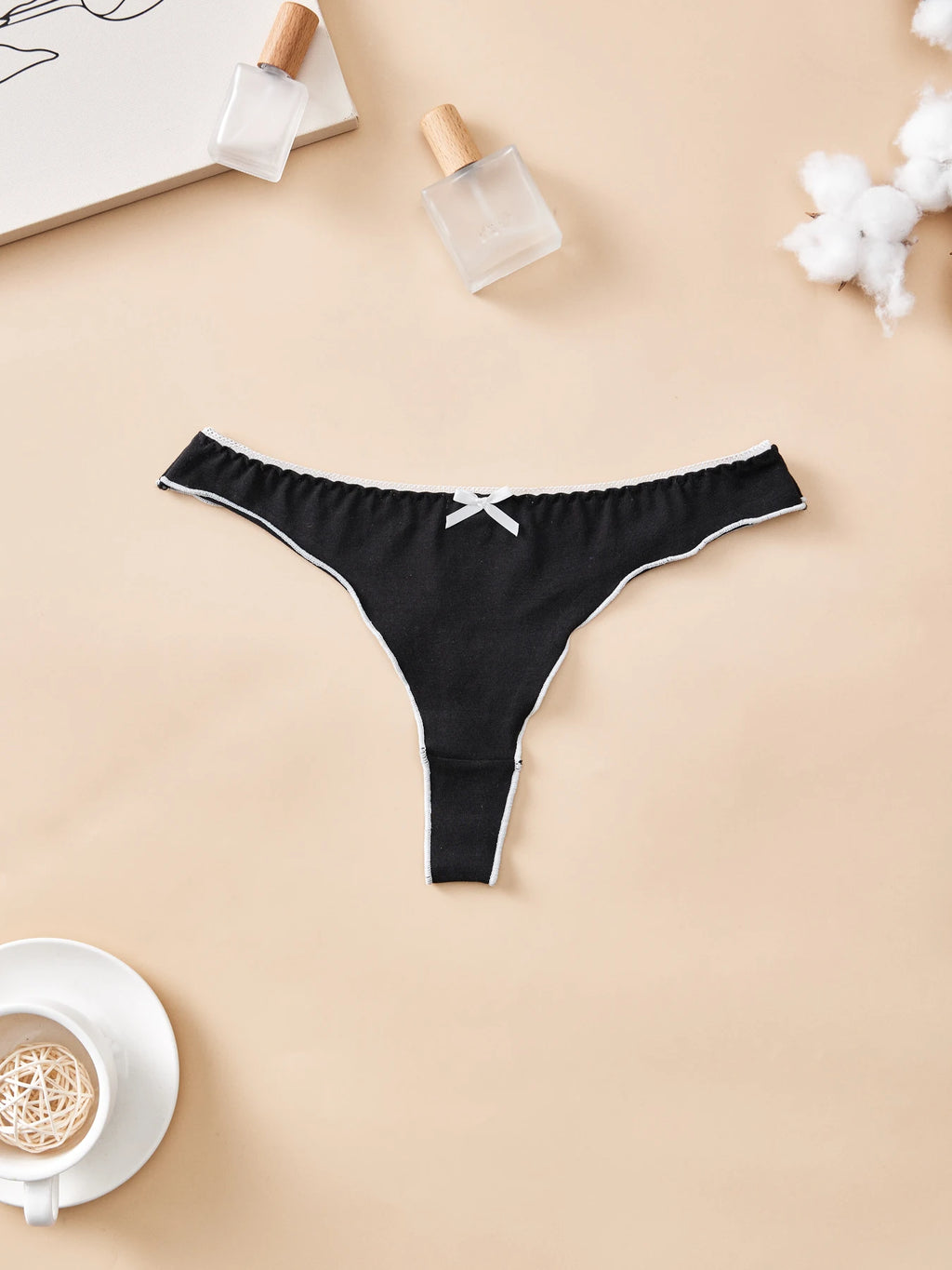 4pcs women's cotton solid color thong sexy comfortable women's underwear daily breathable T-back knitted bow cute girl low-waist