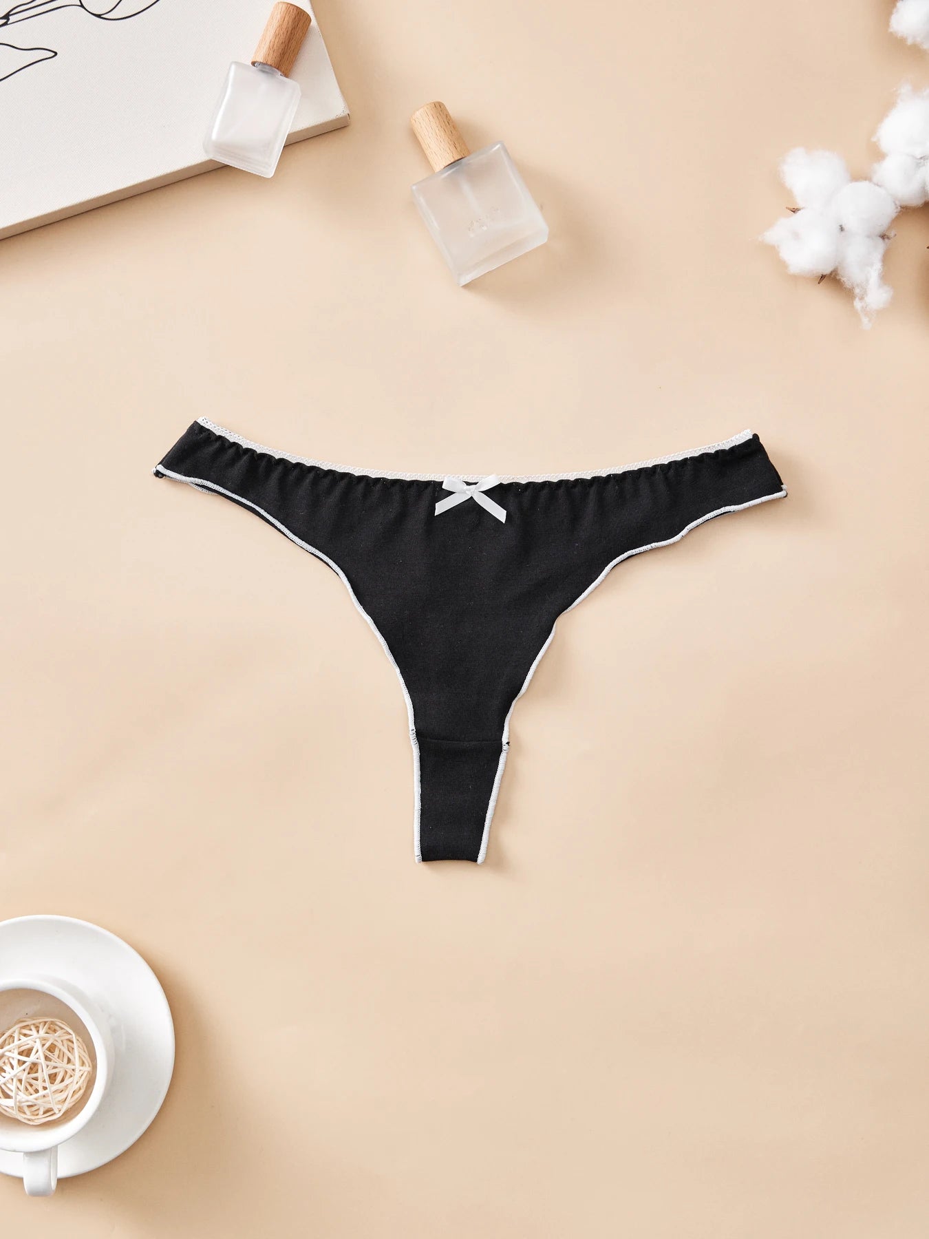 4pcs women's cotton solid color thong sexy comfortable women's underwear daily breathable T-back knitted bow cute girl low-waist