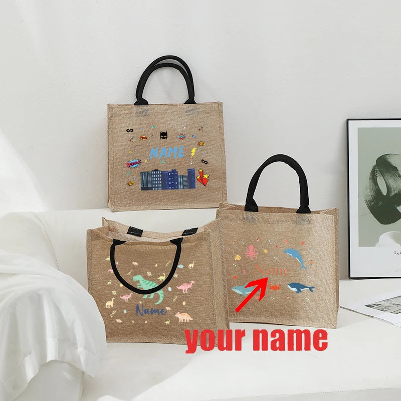 Customizable Name Pastel Dinosaur Vintage Circus Sea Animal Patterns Jute Tote with Hand Shopping Bag for Childrens Friends Gift