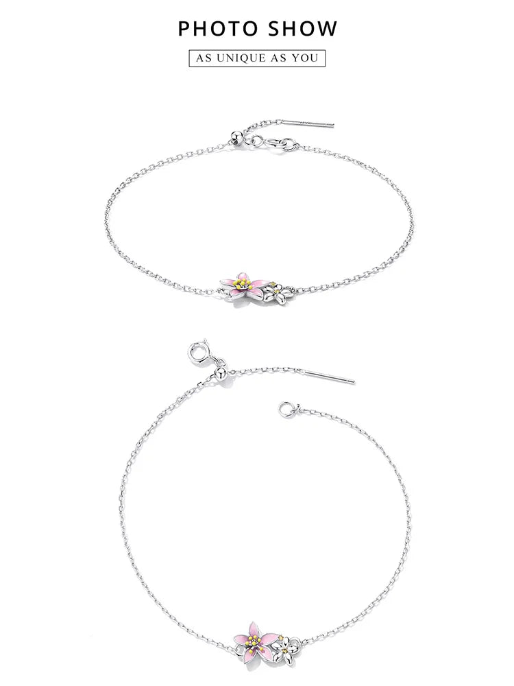 WOSTU 925 Sterling Silver Original Pink Sakura Bracelet Adjustable MINI Bracelet Chain Link Fit MINI Pendant Fashion Jewelry