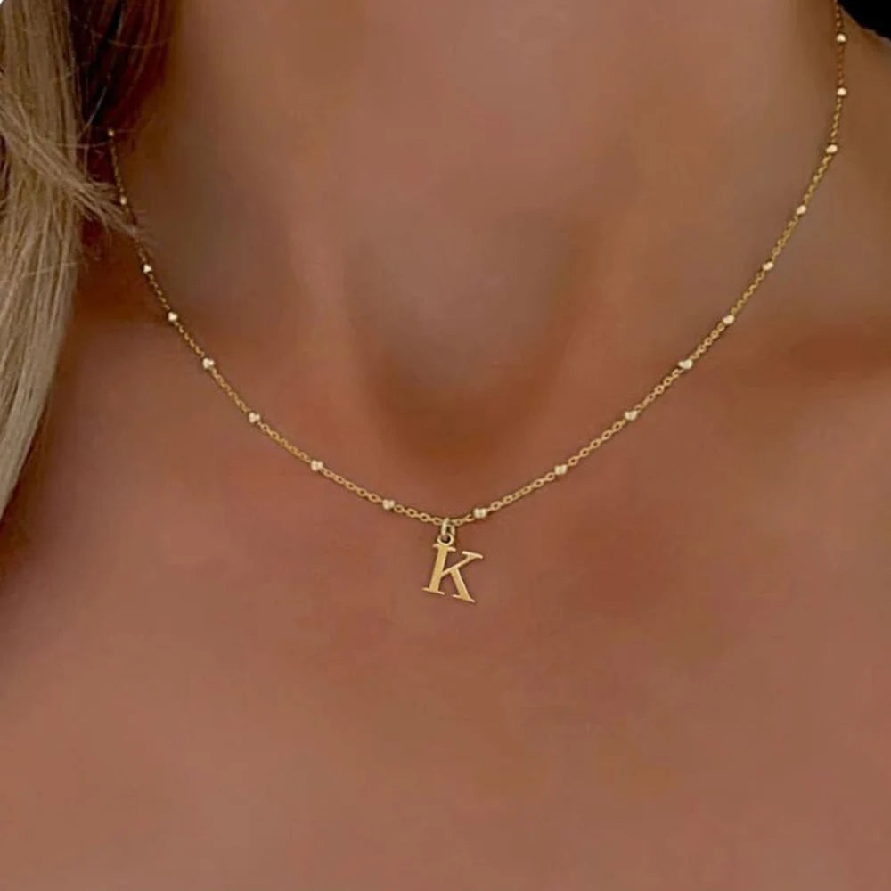 Gold Color A-Z English Initial Letter Pendant Necklace For Women Metal Jewelry Stainless Steel Chain Necklaces Simple Choker