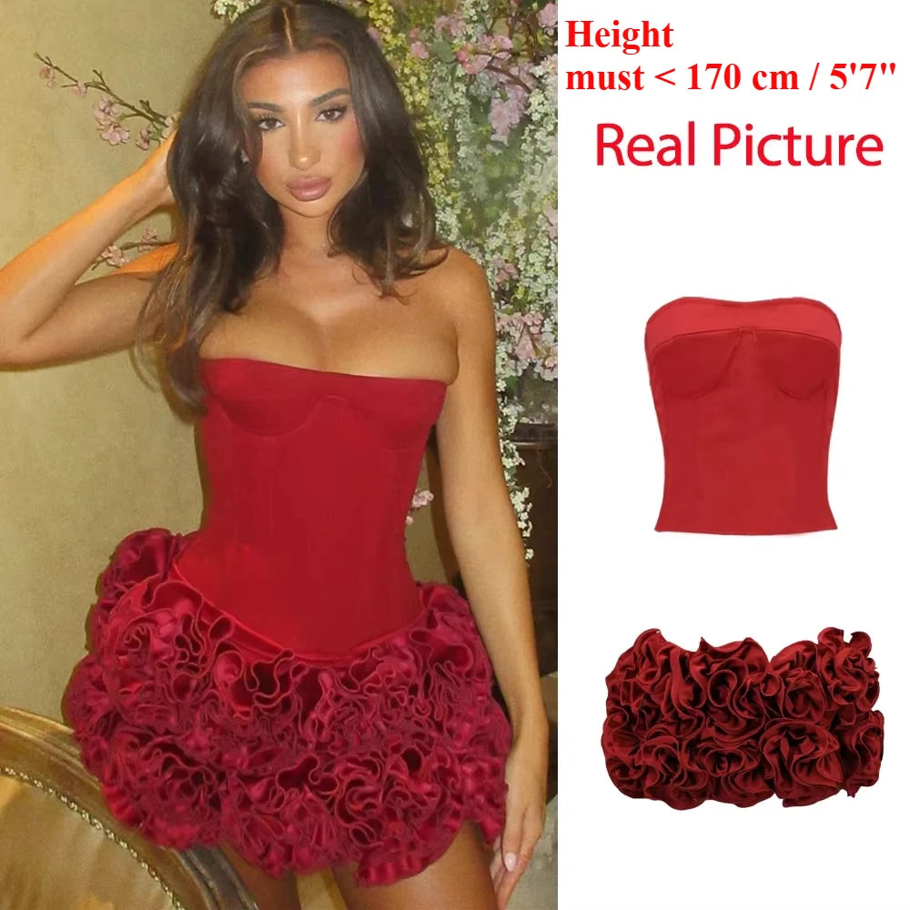 Mingmingxi Winter Strapless Sexy Cocktail Dress 2024 New Year Party Dresses Women 2024 Luxury Red Mini Lace Up Elegant Dress