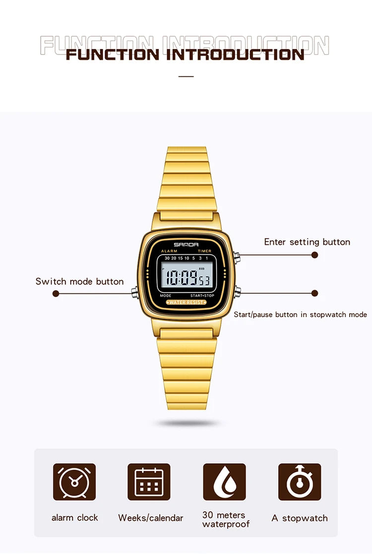 SANDA Golden Quartz Watch - Waterproof Ladies Fashion Wristwatch