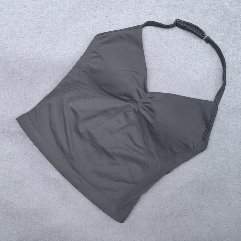 Adjustable Strappy Gym Top - Backless Scrunch Bra with Removable Cups