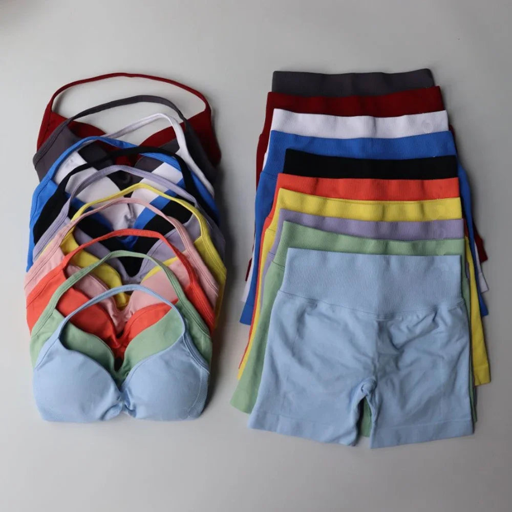 Seamless Sportswear Workout Set Women Two Piece Strappy Yoga Bra Top Scrunch Shorts Gym Clothes
