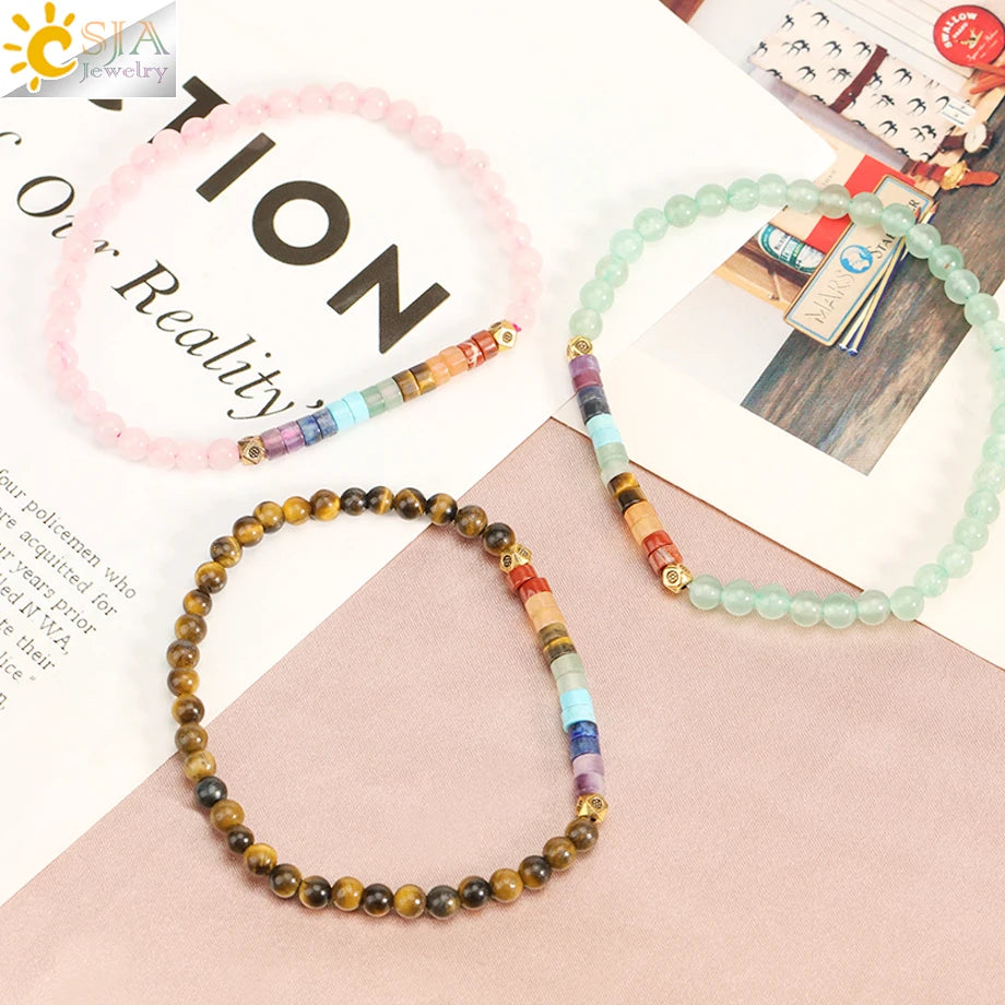 CSJA Natural Stone Bracelet Healing 7 Chakra Crystal Bracelet  Black Obsidian Tiger Eye 4mm Mini Beaded Bangle Luck Jewelry H393