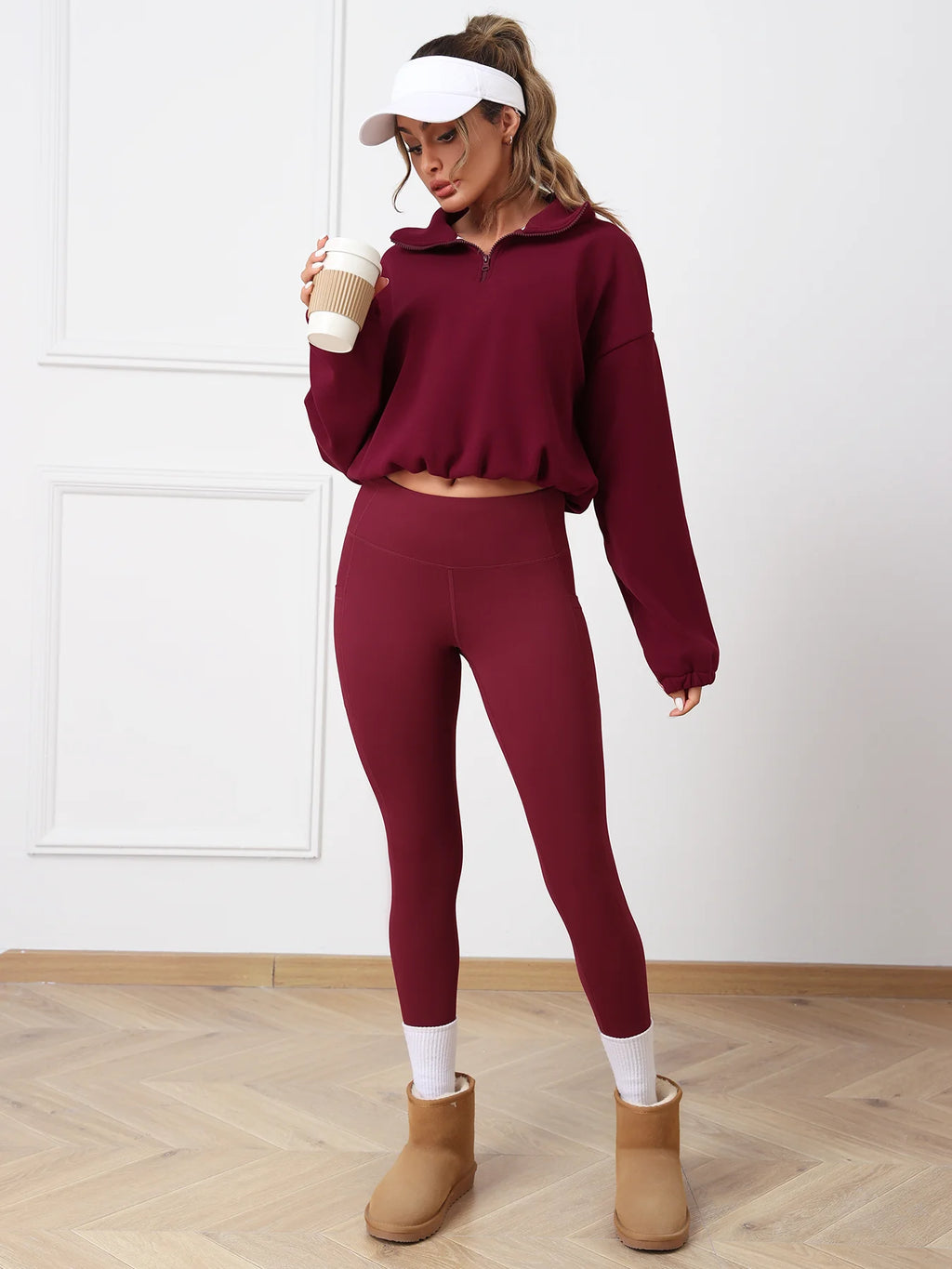 2PCS Thermal Yoga Set Fleece Fintness Suit Women's Sports Set  Fleece Pullover Sweatshirt with Non-fleece-lined  Leggings