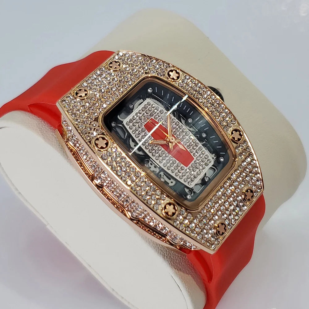 Luxury Diamond Watch For Women Elegant Tonneau Original Design Watches Fashion Ice Out Sport Rubber Strap Waterproof Mille Clock