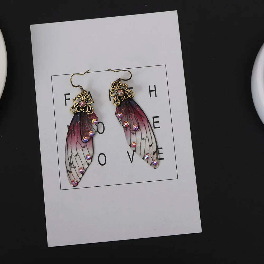Handmade Fairy Simulation Wing Earrings Insect Butterfly Wing Drop Earrings Foil Rhinestone Earrings Romantic Bridal Jewelry