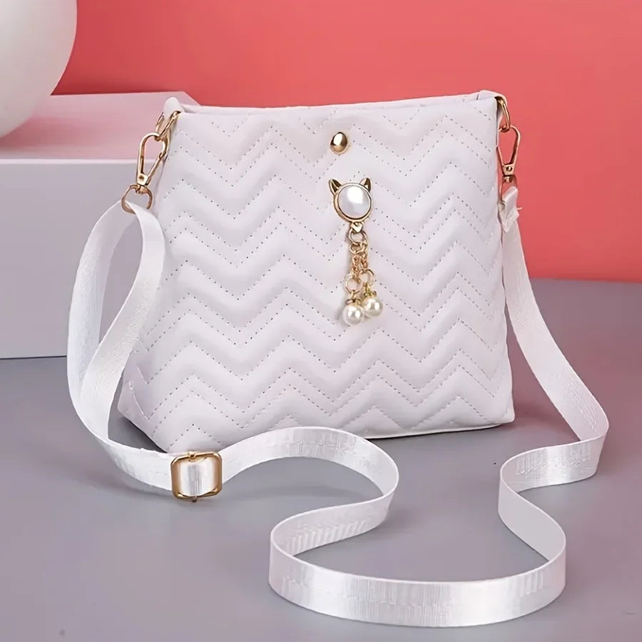 Elegant Quilted Crossbody Bag Stylish Women's Shoulder Purse Featuring Cat Pearl Pendant Ideal Valentine's Gift Novelty Purse