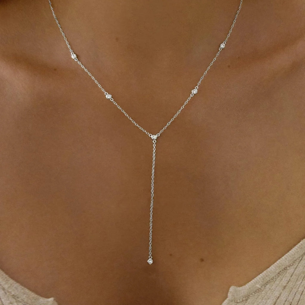 Silver Plated Necklace for Women, Dainty Gold Necklaces Gold Plated CZ Lariat Necklace for Women Boho Fashion Jewelry Womens