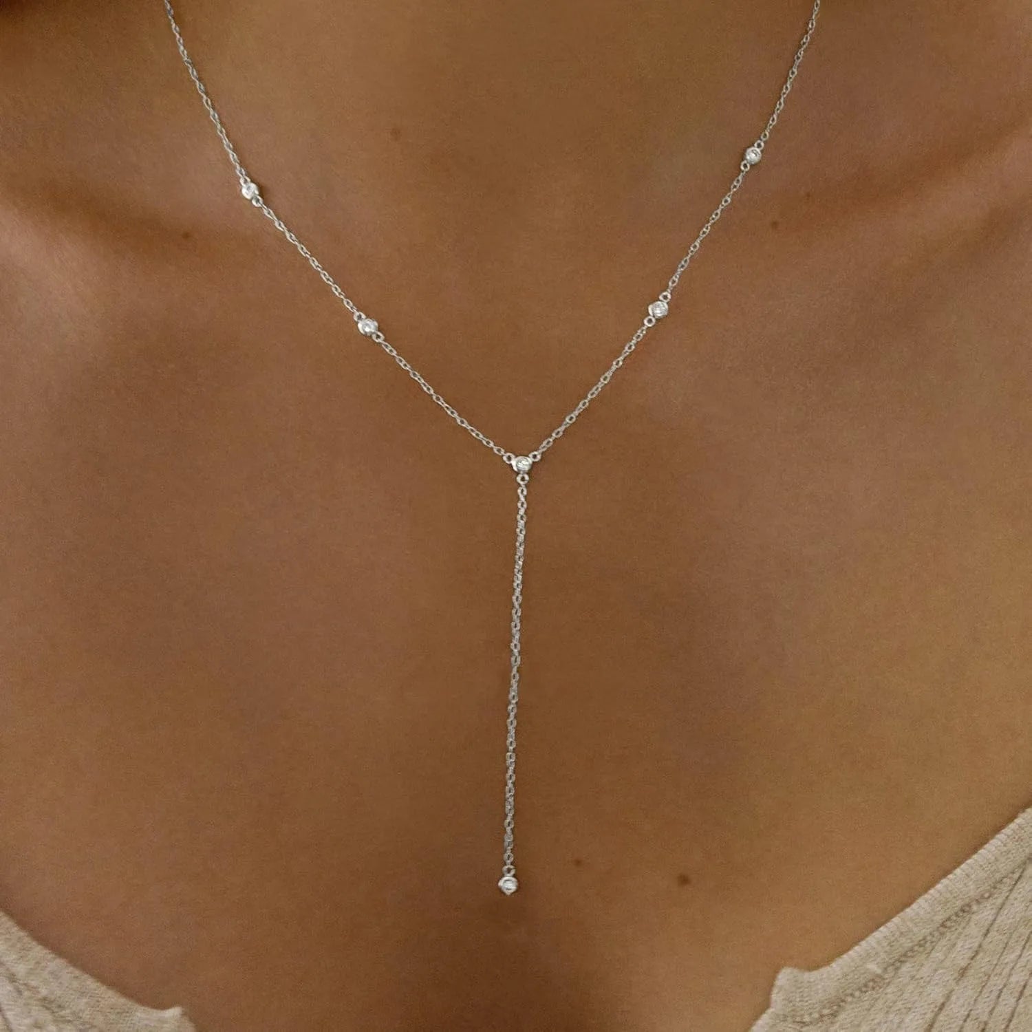 Silver Plated Necklace for Women, Dainty Gold Necklaces Gold Plated CZ Lariat Necklace for Women Boho Fashion Jewelry Womens