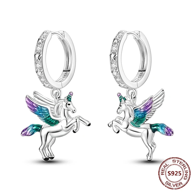 Unicorn Earrings 925 Sterling Silver Original Zircon Elephant Feather Dog Cat Blue Star Small Earrings For Women Jewelry Gift
