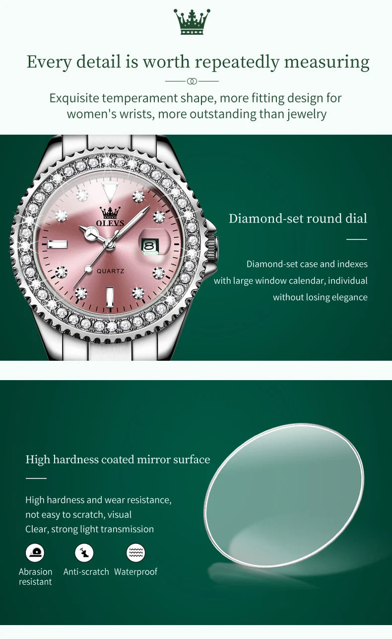 OLEVS 9945 Top Brand Original Quartz Watch for Women Luxury Diamond Lap Calendar Hand Clock Stainless Steel Ladies Wristwatches