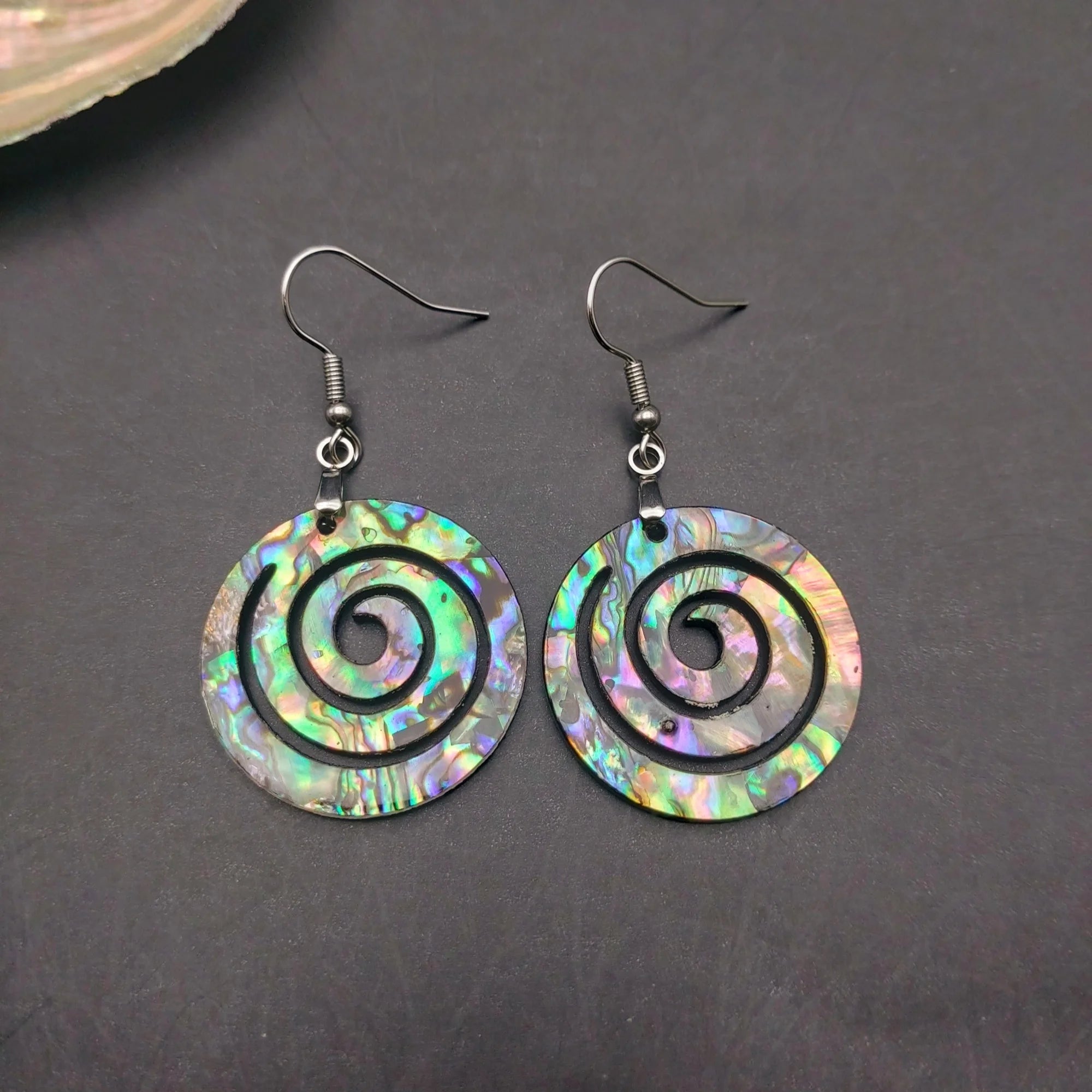 Natural Paua Shell Hand Carving Double Side Dangle Earrings Hawaiian Design Abalone Jewelry
