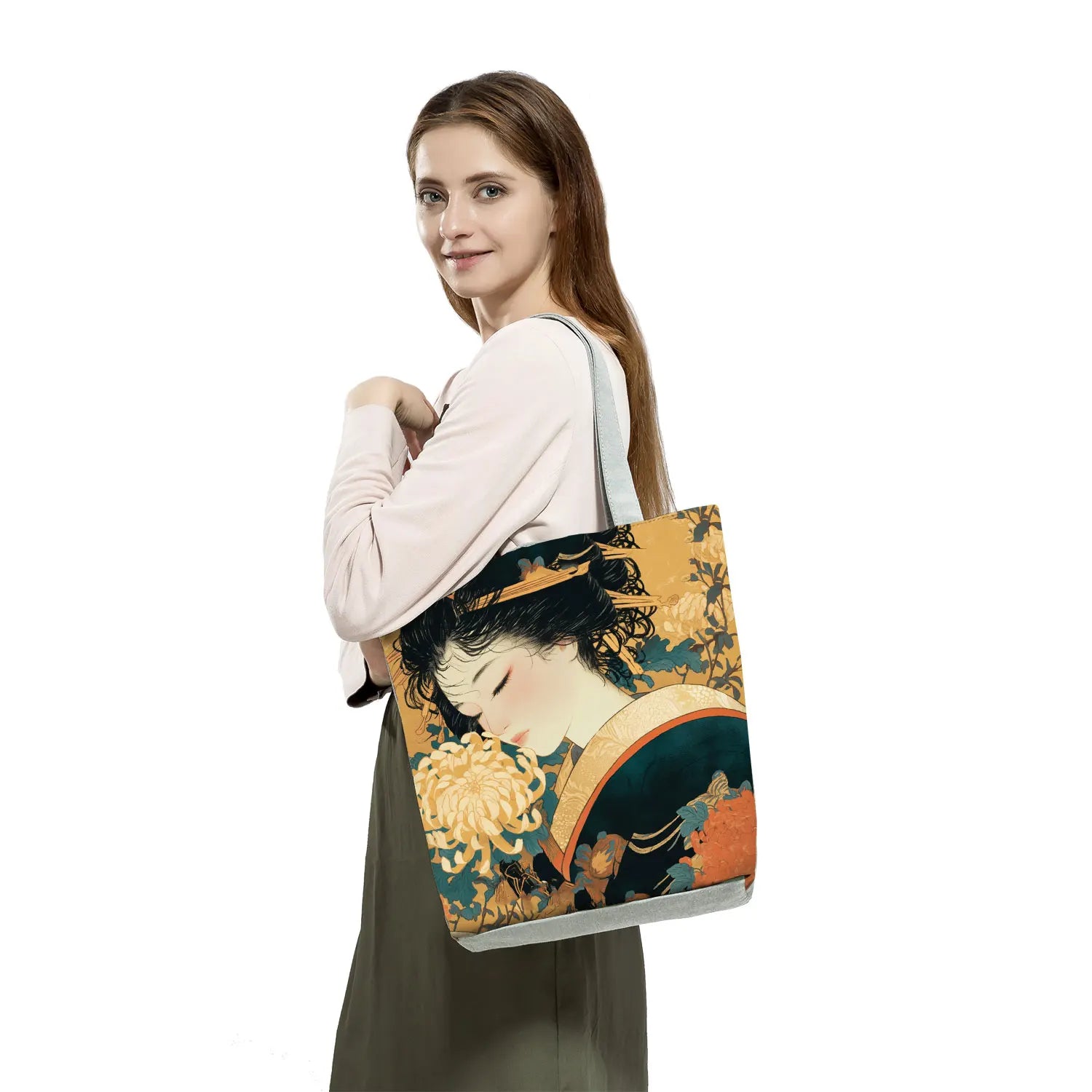 Japan Ukiyoe Print Handbags Groceries Kimono Woman Shopping Bags Women Large Capacity Shoulder Bag Chrysanthemum Portable Tote